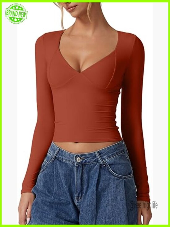 Tops - Double Lined Seamed Cup Cropped Long Sleeve V-Neck T-Shirt